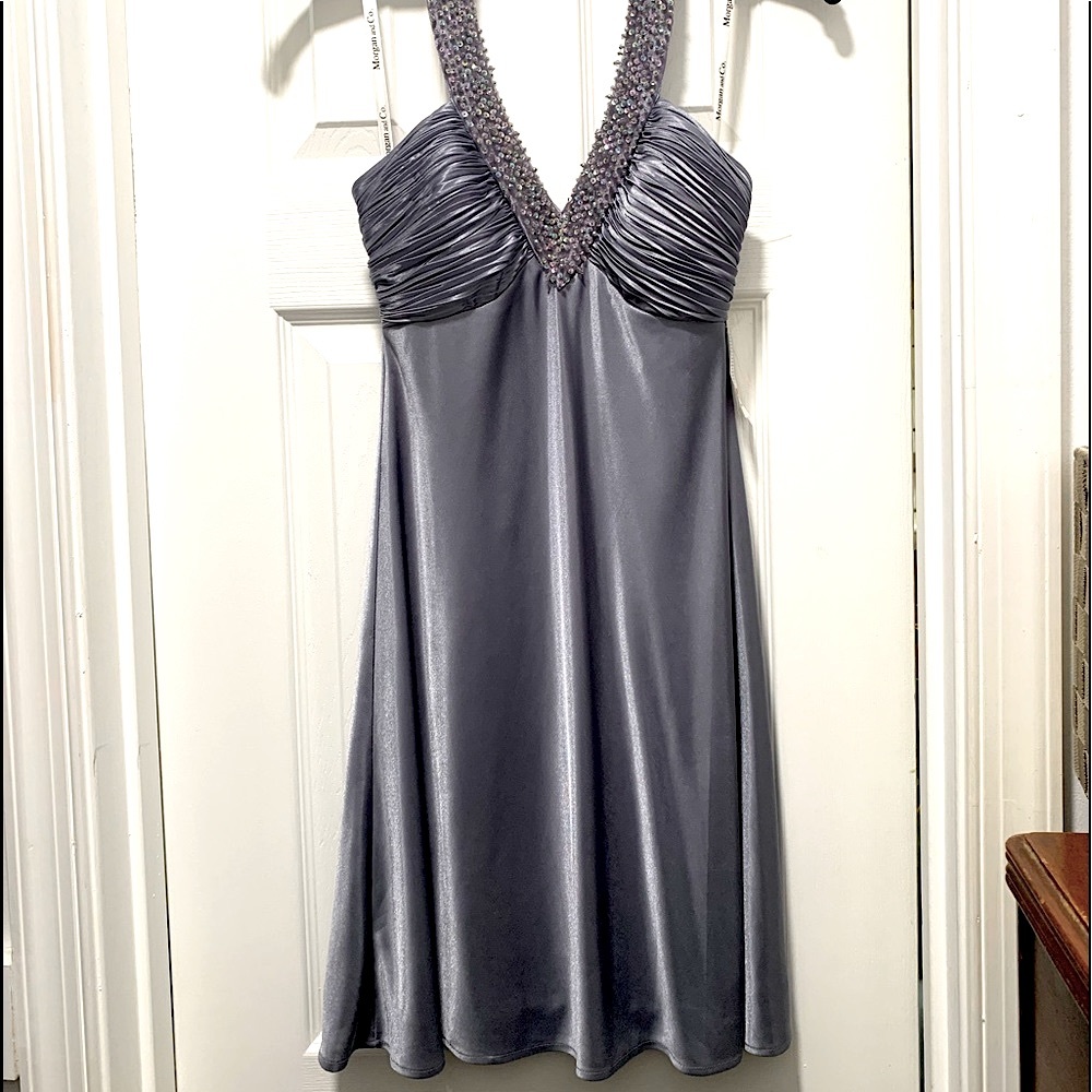 Morgan & Co *Silver* Satin Silky Cocktail Formal Dress